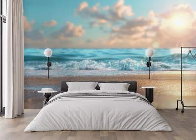 Seascape abstract beach background. blur bokeh light of calm sea and sky. Focus on sand foreground Wall mural