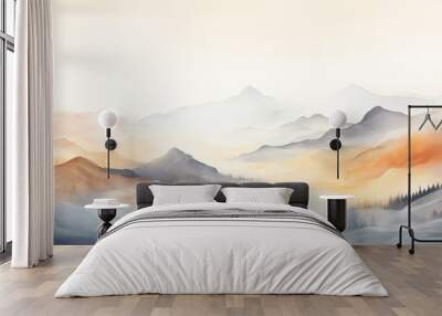 Soft pastel color watercolor abstract brush painting art of beautiful mountains, mountain peak minimalism landscape with golden lines, panorama banner illustration, white background Wall mural