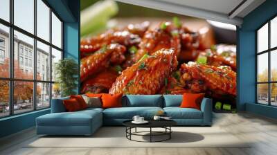 Spicy chicken wings with a side of ranch dressing and celery sticks, 4K hyperrealistic photo Wall mural