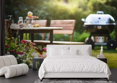 summer time in backyard garden with grill BBQ, wooden table, blurred background Wall mural