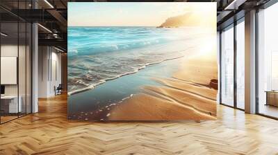 Sun-drenched beach with footprints leading to the water, 4K hyperrealistic photo Wall mural