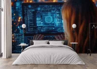 Top view of woman typing in laptop, biometric scanning and cybersecurity Wall mural