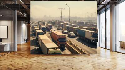 Trucks in a traffic jam at the customs of the border zone. Wall mural