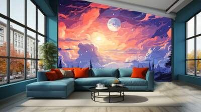 vector illustration of cumulonimbus clouds at night with a background of starry night and a big full moon vector flat bright colors Wall mural