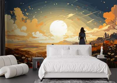 Waiting for you in a beautiful place. Woman and her child standing on the meadow looking forward at the horizon, digital art style, illustration Wall mural