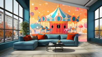 Whimsical carousel spinning joyously in a carnival atmosphere. Vector flat minimalistic isolated illustration. Wall mural