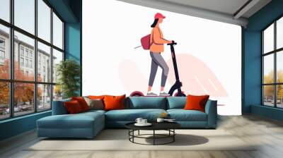 woman standing riding e-scooter vector flat isolated illustration Wall mural