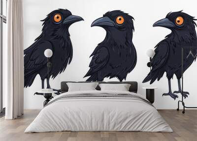 Drawn crows in Halloween style 
white background, Generative AI. Wall mural