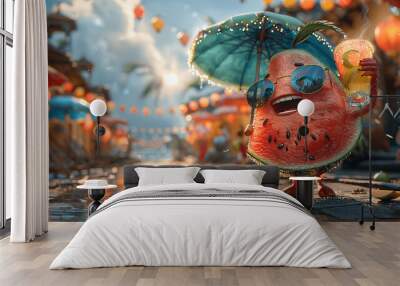 illustration of a cheerful watermelon in 3d style on vacation, Generative AI. Wall mural