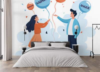 People with balloons with emotions written inside Wall mural