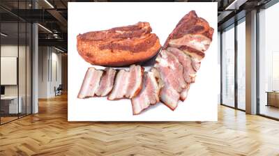 Pork fat.A piece of homemade boiled brisket with meat layers is isolated on a white background. Wall mural