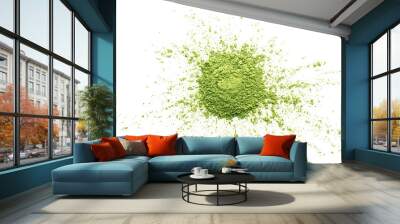 A heap of green matcha tea powder on a white insulated background. Wall mural