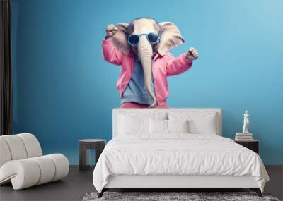 Cheerful elephant in pink and blue clothes with glasses jumps joyfully on a blue background. Wall mural