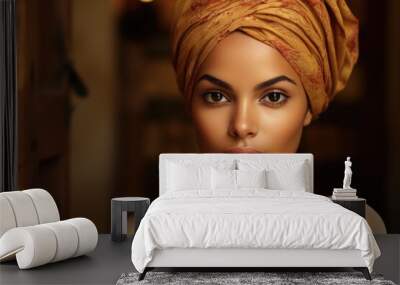 Close-up portrait of a swarthy brown-eyed Muslim woman with makeup wearing a turban. Wall mural