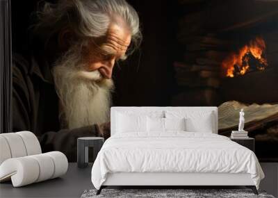 Elderly male monk bent over an old bible on a dark background. Wall mural