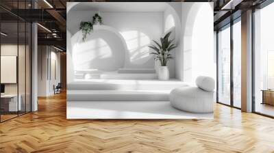 Minimalist white room interior with round podium and plant. Wall mural