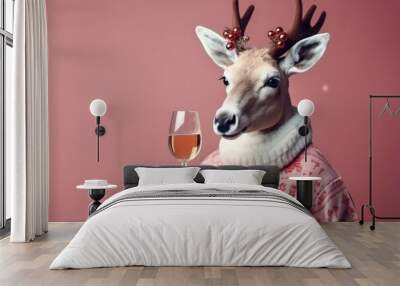 Portrait of a cute Christmas reindeer in a sweater with a champagne glass on a pink background with copy space. Wall mural