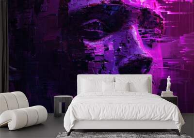 Portrait of a person's face in cyberspace in purple. Glitch art. Wall mural