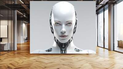 Portrait of a white female anthropomorphic robot, close-up. AI concept. Wall mural