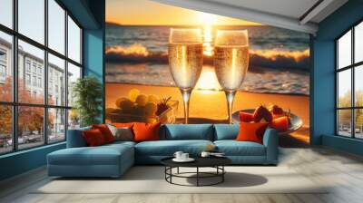 glasses of champagne against sunset background Wall mural