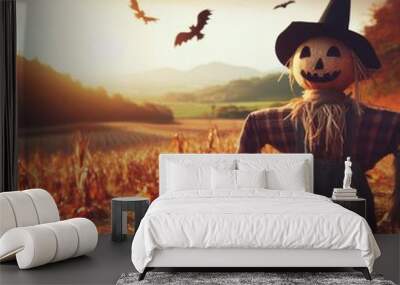 Halloween and autumn scarecrow in an open field representing fall season and Halloween party
 Wall mural