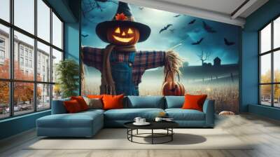 Halloween and autumn scarecrow in an open field representing fall season and Halloween party
 Wall mural