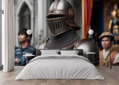 Man wearing Medieval Knights armor with heavy iron helmet
 Wall mural