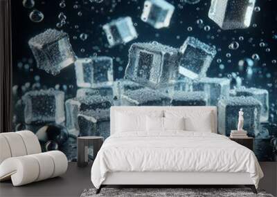 Scattered ice cubes on a dark glossy background in droplets of water. 3d Illustration	
 Wall mural