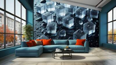 Scattered ice cubes on a dark glossy background in droplets of water. 3d Illustration	
 Wall mural