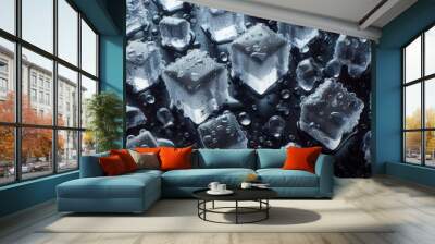 Scattered ice cubes on a dark glossy background in droplets of water. 3d Illustration	
 Wall mural