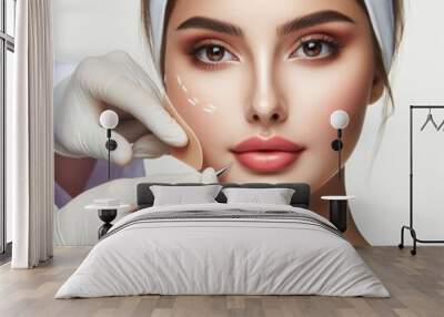 Young woman preparing for plastic surgery session, doctor in medical gloves contouring female patient face, isolated on white background Wall mural