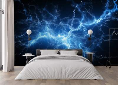 Blue electricity splash on black background. Generative ai Wall mural