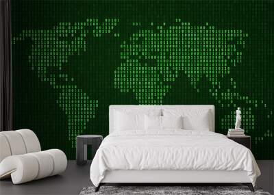 World Map Shown in Binary Code Pattern. Green Matrix numbers, zero, one.  Wall mural