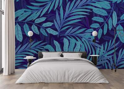 Blue tropical leaves, seamless pattern. Wall mural