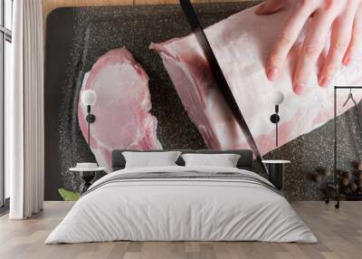 Woman preparing raw meat Wall mural