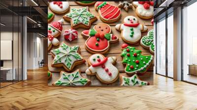 Holiday cookies with a detailed black outline, showcasing a variety of festive shapes like stars, gingerbread men, and snowflakes, decorated with icing and sprinkles, symbolizing holiday traditions. Wall mural