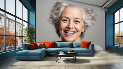 Portrait of woman, A closeup photo portrait of a beautiful elderly senior model woman, Woman with  grey hair, Woman laughing and smiling with clean teeth, Isolated on white background Wall mural