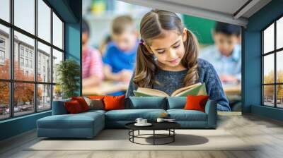 Young girl reading book in classroom with focus on tex. Wall mural