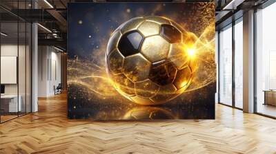 golden soccer ball on black background Wall mural