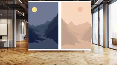 Set of aesthetic day and night landscape of mountains, moon and sun. Wall decor. Minimalist art print template. Modern vector illustration. Wall mural