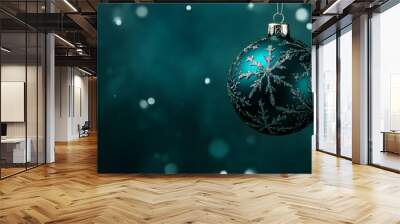 Elegant Teal Christmas Baubles with Glitter Snowflake Designs Hanging on Pine Branches with Snowflakes and Dark Festive Background for Luxurious Holiday Decoration Wall mural