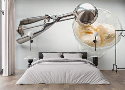 Scoops of ice cream in a glass jar and a dispenser-spoon for ice cream. Close-up Wall mural