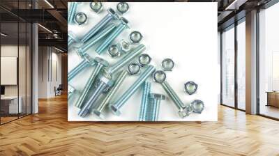 Various silver metal bolts. Fastening bolts with washers and nuts on a white background close-up. Copy space. Wall mural