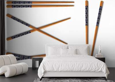 Collection of wooden chopsticks isolated on white background Wall mural