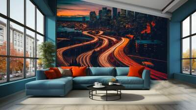 Background double exposure of night traffic in a modern city, in red orange colors, red sunset, night. AI Wall mural