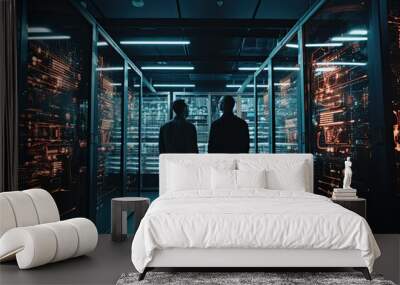 Two business people in modern server room, data centre or mining farm interior with beautiful neon lights reflections. ai Wall mural