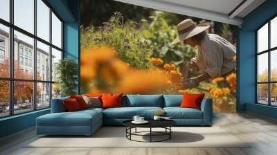 farmer working in a field on a hot summer day Wall mural