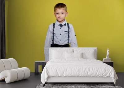 Portrait of a cute boy 10 years old schoolboy on a yellow background in trousers and a shirt. Standing right in front of the camera, Shows emotions, talks in different poses. Wall mural