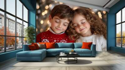 Photo portrait of siblings little boy and girl together eyes closed dreaming about gifts, boy and girl smiling, red wool sweater, white sweater, curly hair, festive Christmas background Wall mural