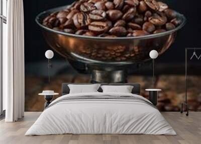 Close-up of roasted coffee beans with smoke on an antique scale Wall mural